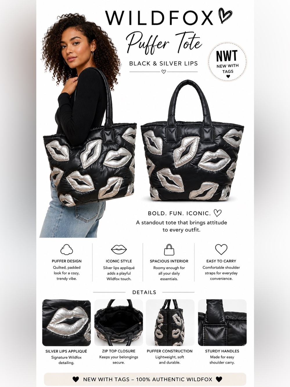 Wildfox Black and silver Tote or Shoulder Bag zipper NWT lips theme